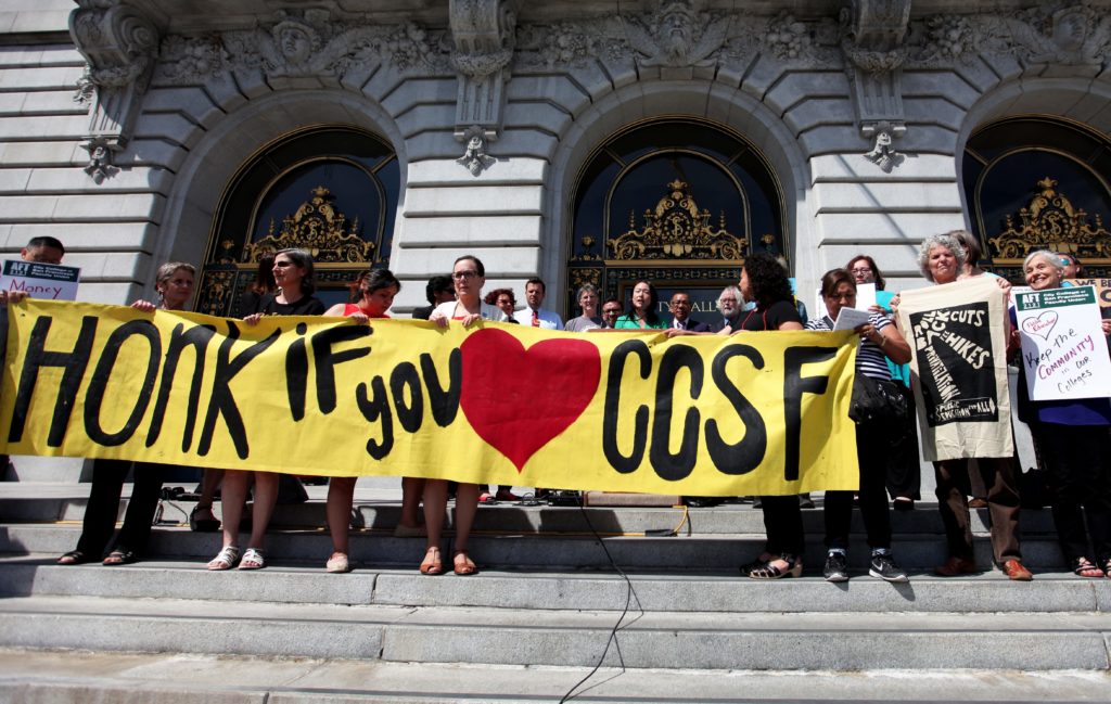 CCSF students, faculty and supporters gather on the steps of City Hall to introduce a proposal for free community college for all in San Francisco, Calif. Tuesday, April 19, 2016. (Ekevara Kitpowsong/Special to S.F. Examiner)